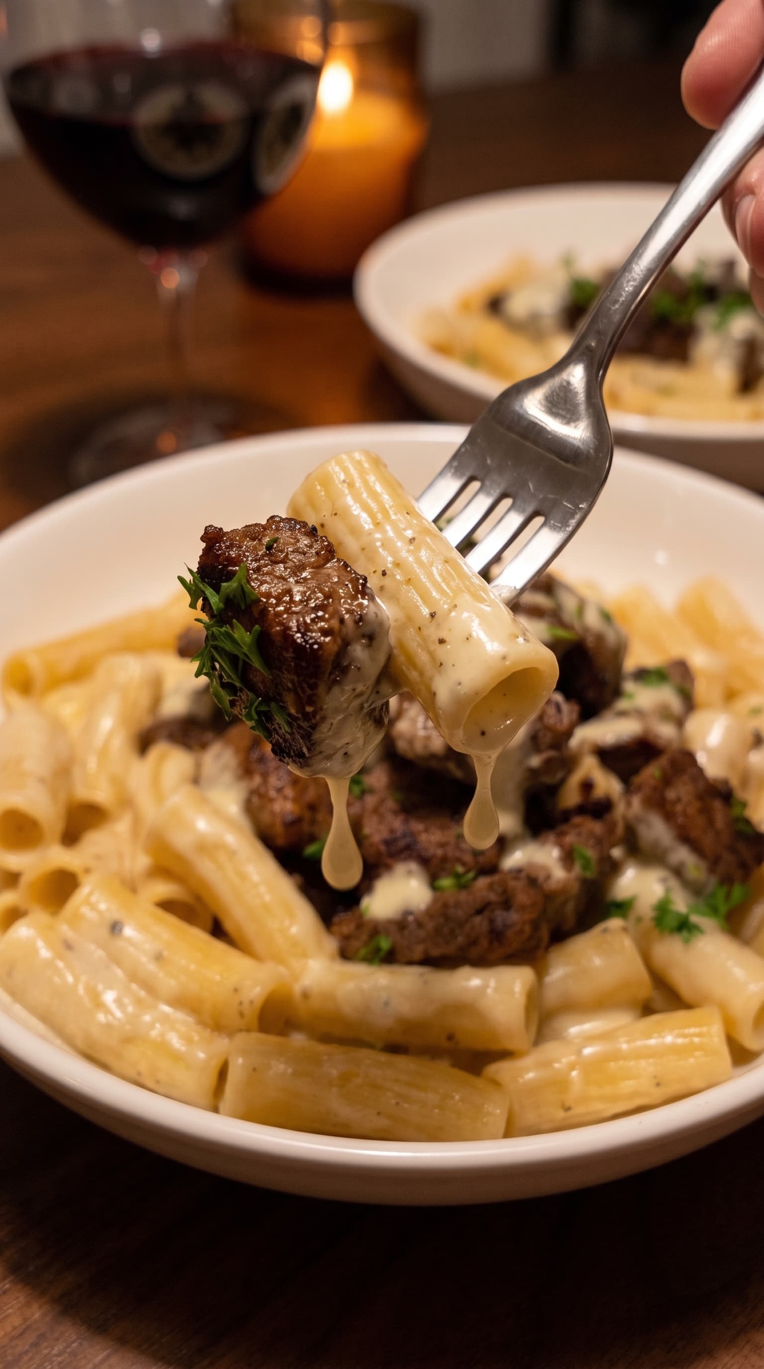 Garlic Steak Bites with Creamy Parmesan Pasta